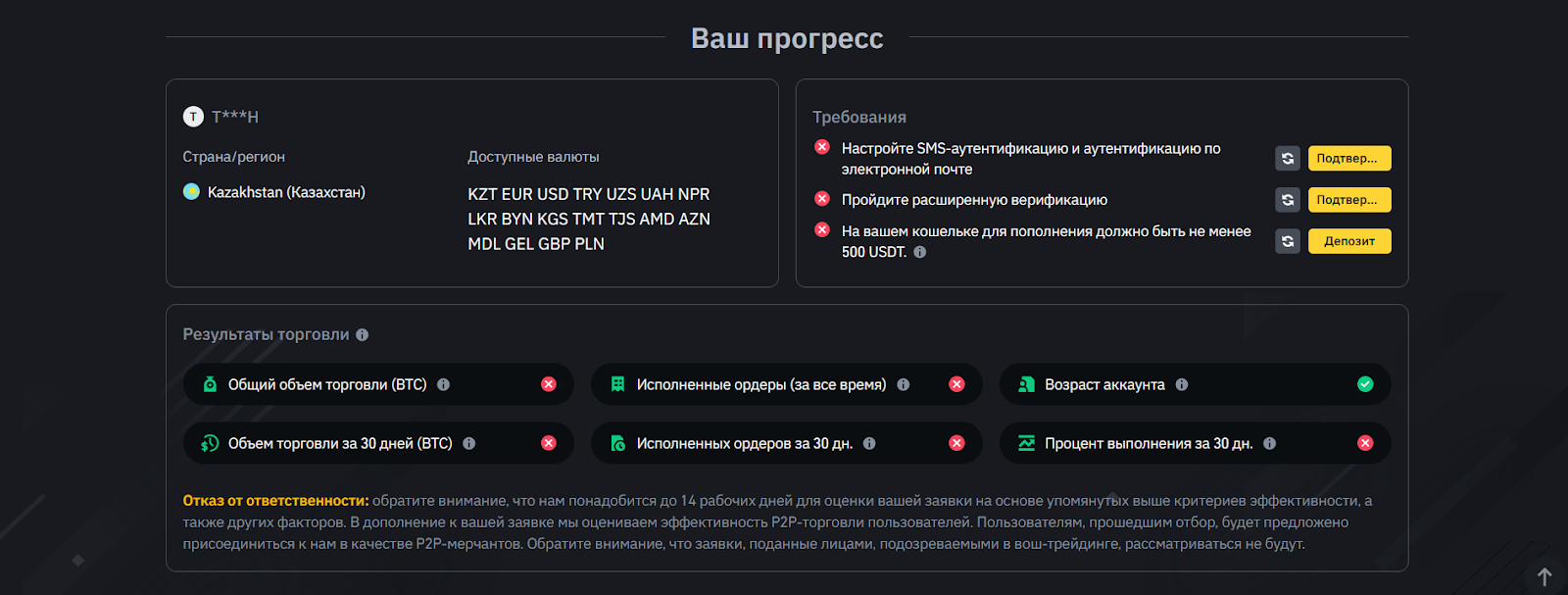 Прогресс до статуса мерчанта на Binance