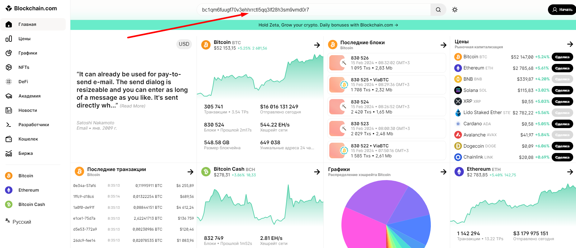 Отслеживание транзакции в Blockchain Explorer